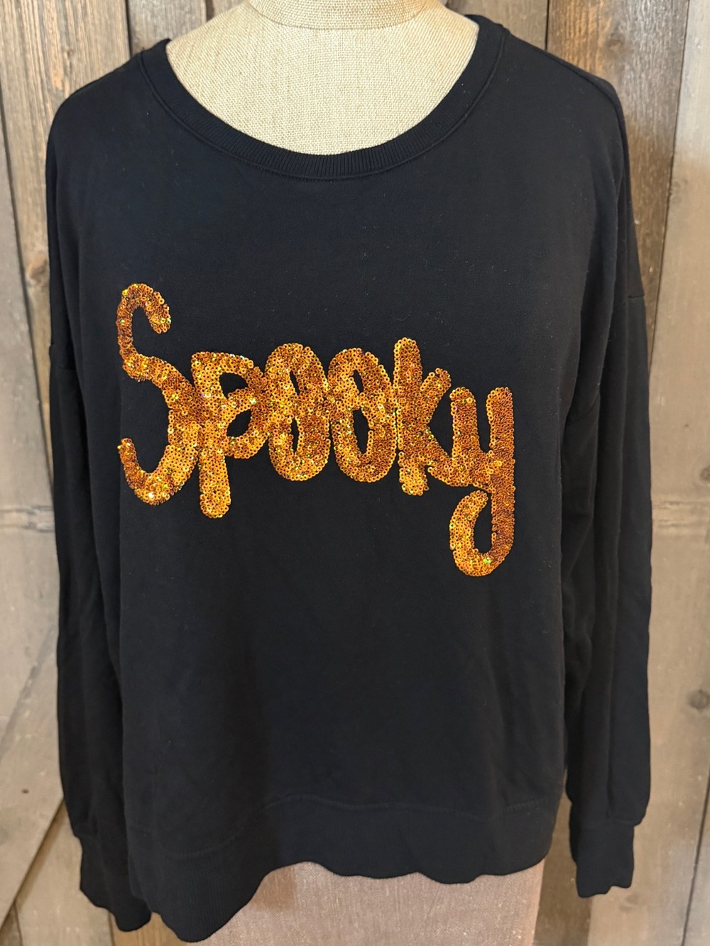 Cynthia Rowley Black Orange Sequin Spooky Halloween Pullover Sweatshirt Large